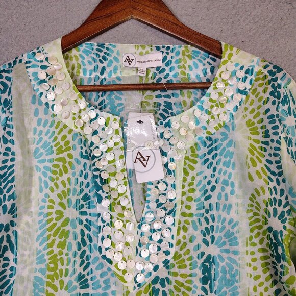 Adrienne Vittadini Top Women's XL Green Blue Floral Beaded Embellished Tunic NWT - Picture 3 of 11